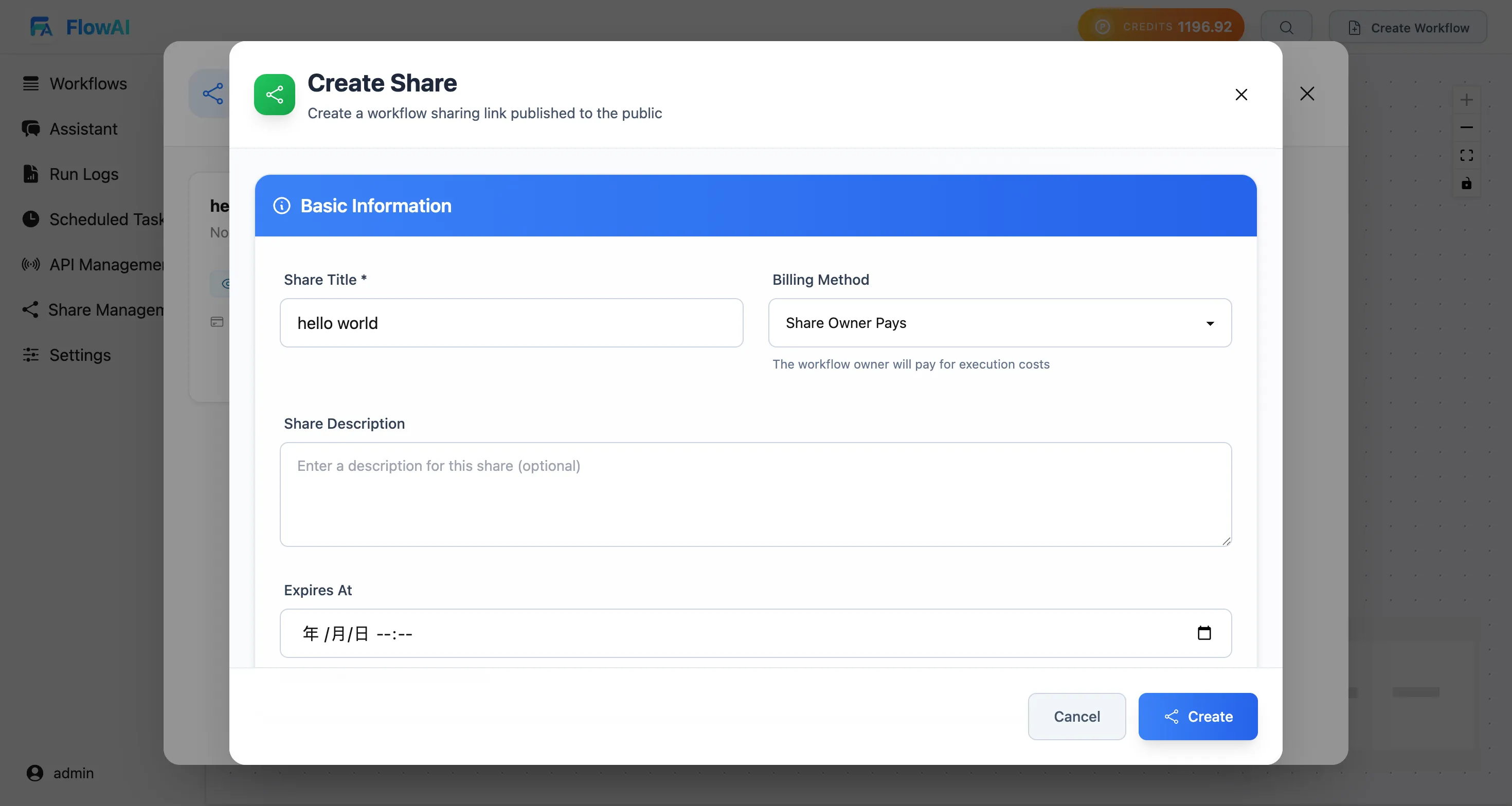 Create share form (basic information)
