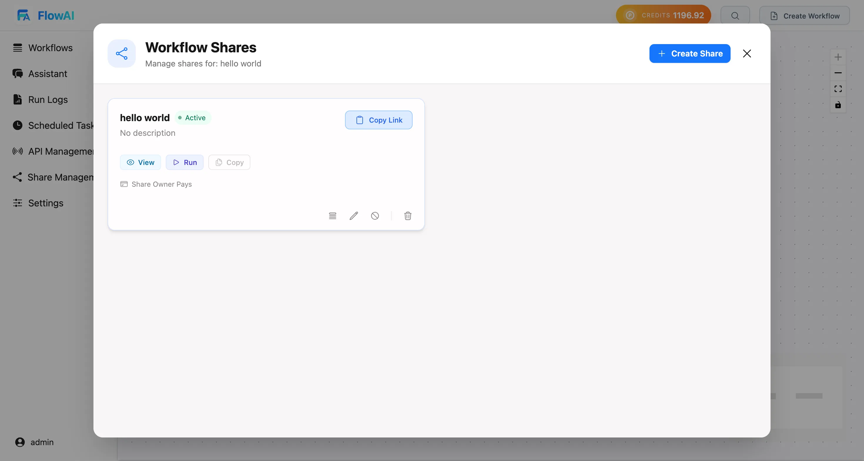 Workflow shares modal